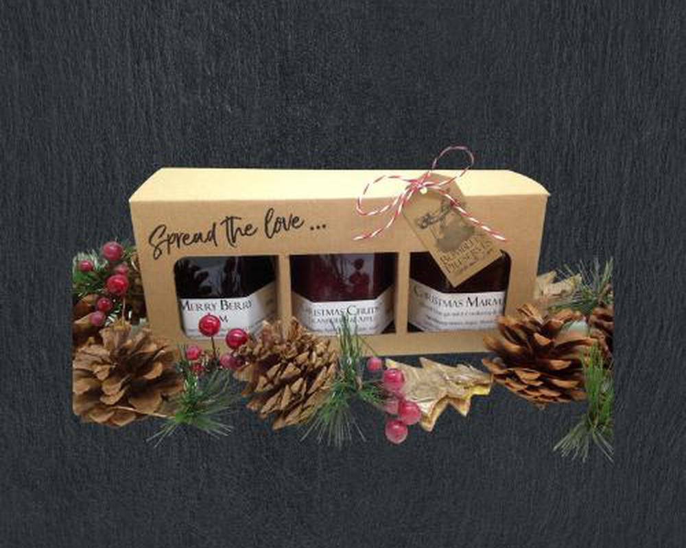 Description Christmas Triple Gift Box – Christmas Chutney (Apple & Cranberry) – Merry Berry Jam (Mix