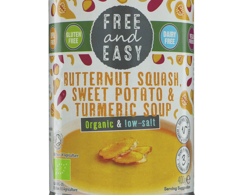 Free & Easy Bnut Squash, Sw Potato & Turmeric Soup - low salt