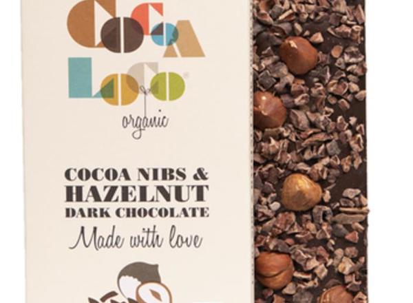 Cocoa Loco -Dark Chocolate, Cocoa Nibs & Hazelnut Bar – 100g