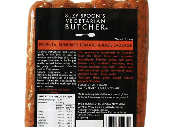 Sausage Plant Based: Polenta, Sundried Tomato & Basil (Esky Required) -SS