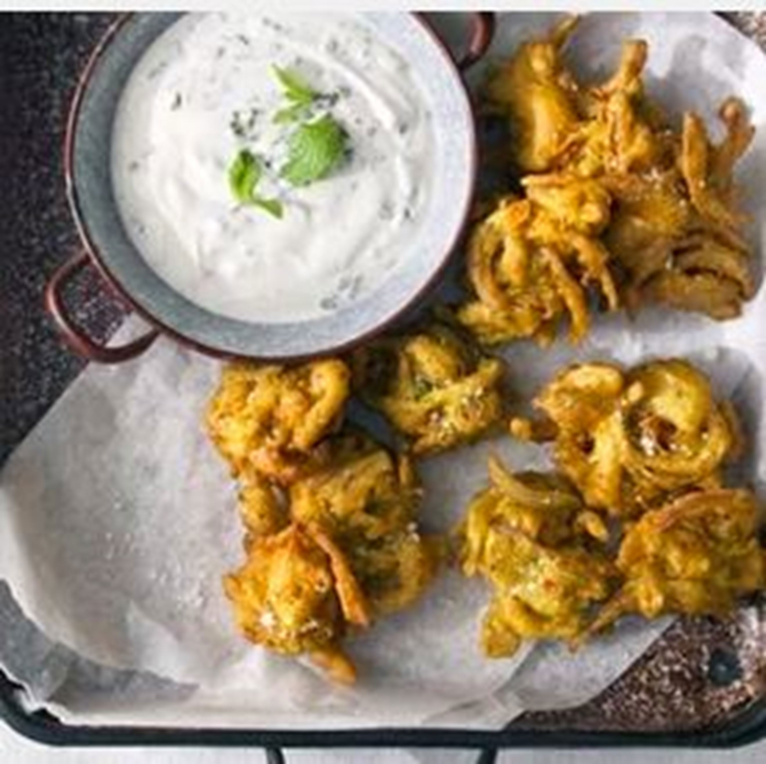 Red onion & chilli bhajis with mint & garlic raita Recipes Ooooby
