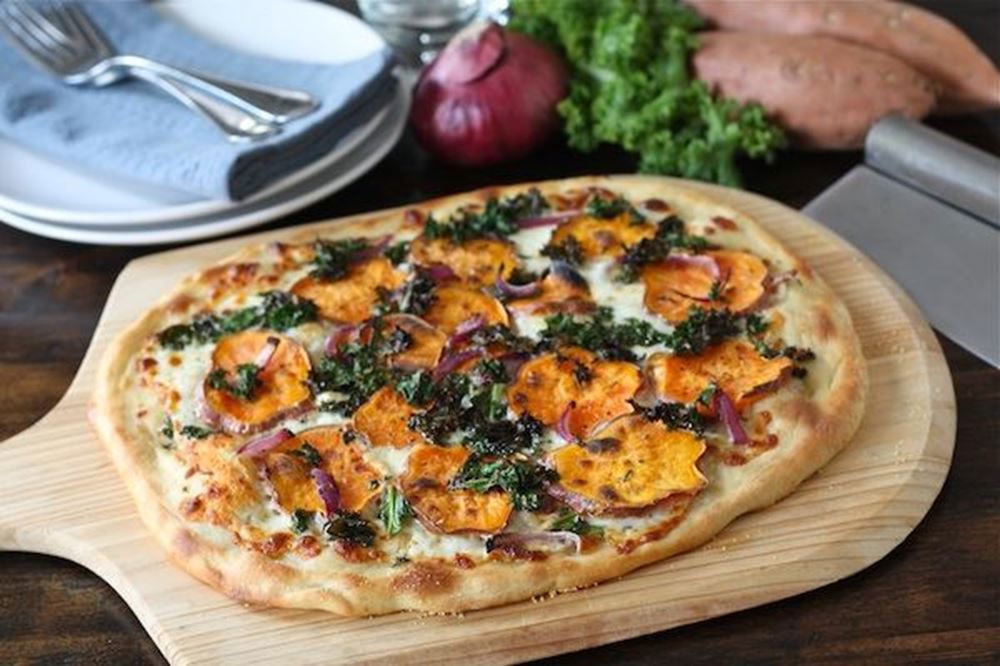 Sweet Potato Kale Pizza with Red Onion and Rosemary
