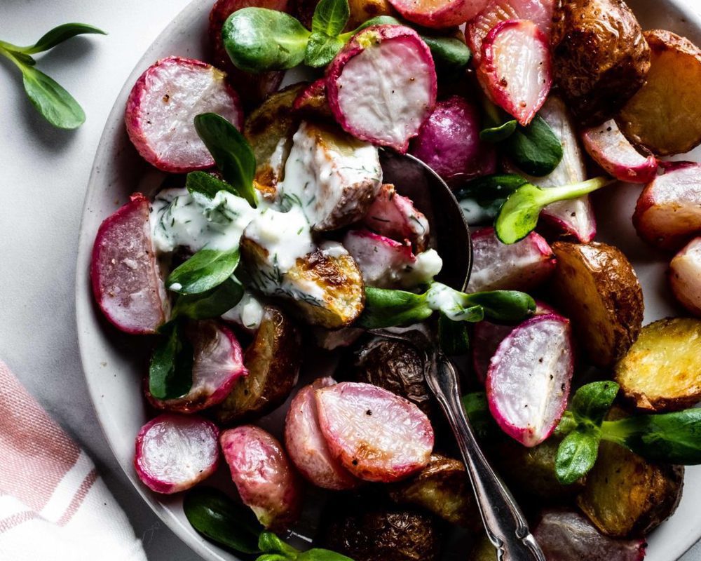 Roasted Radish and Potato Salad with fresh garden herbs