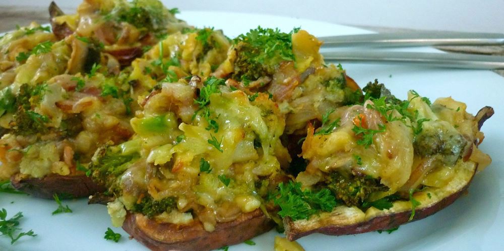 Cheese, Mushroom and Broccoli Stuffed Kumara
