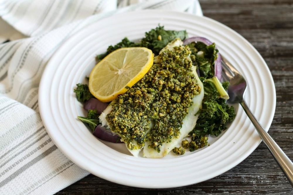 Pistachio Crusted Cod w/ Roasted Kale and Red Onions