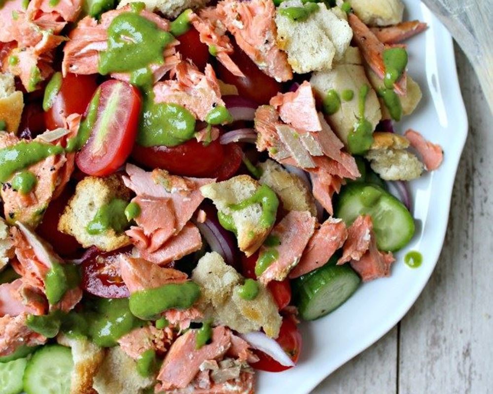 Salmon Panzanella Salad w/ Basil Vinaigrette