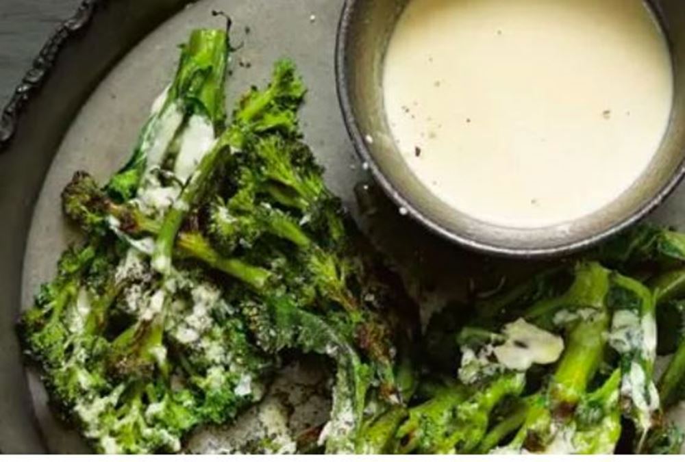 Grilled purple sprouting broccoli with Tahini dressing