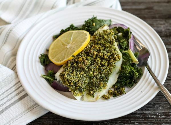 Pistachio Crusted Cod w/ Roasted Kale and Red Onions