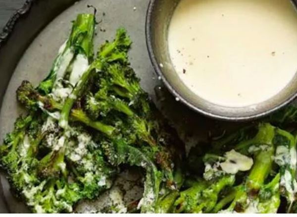 Grilled purple sprouting broccoli with Tahini dressing